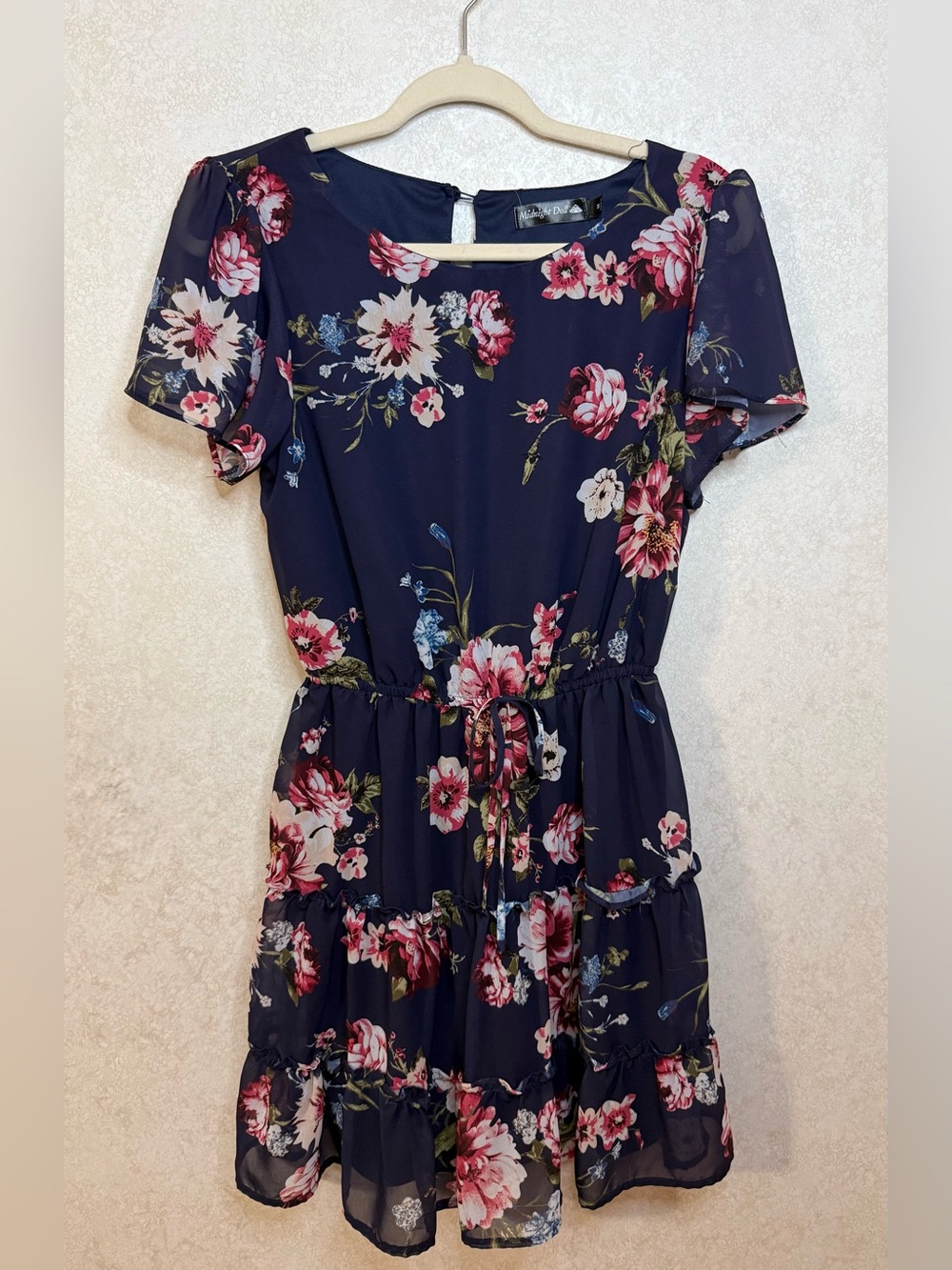 Navy Floral Tiered Short Sleeve Dress